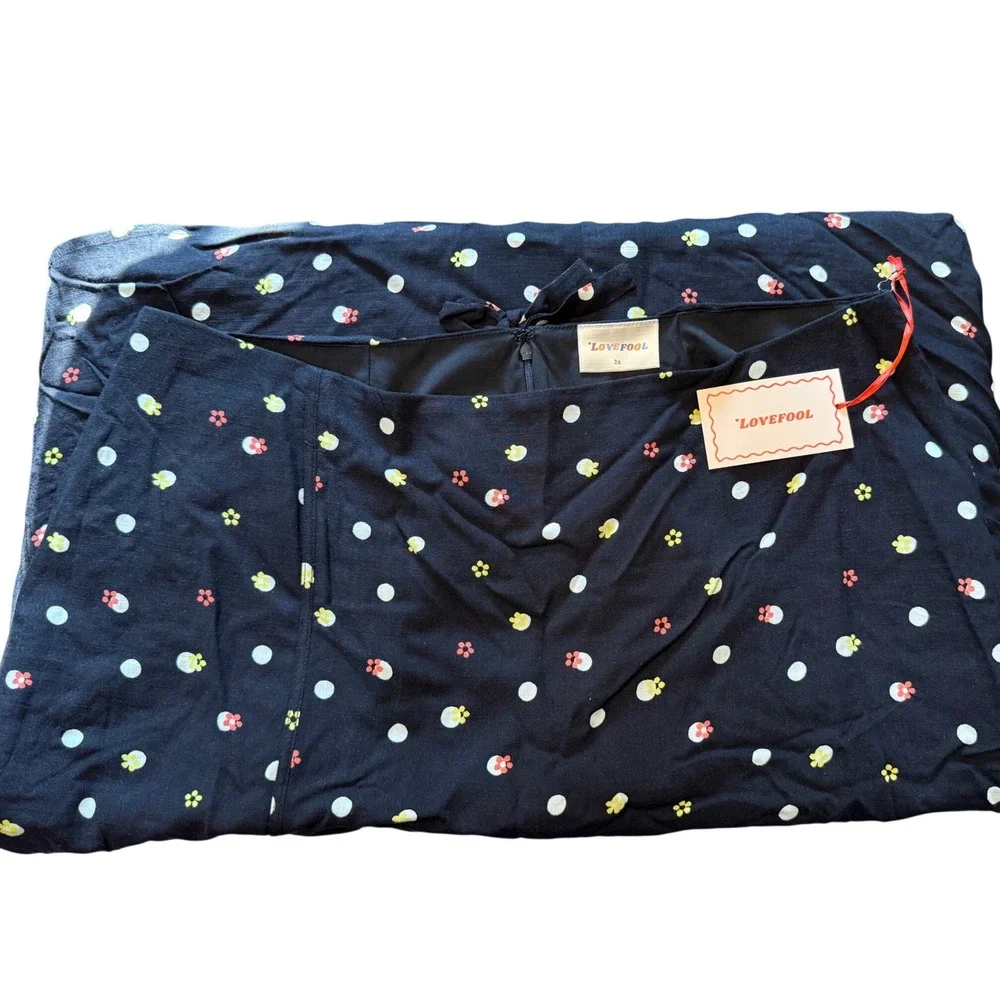 2X Lovefool Black Polka Dot Floral Midi Skirt Plus Size Lined Side Slit New